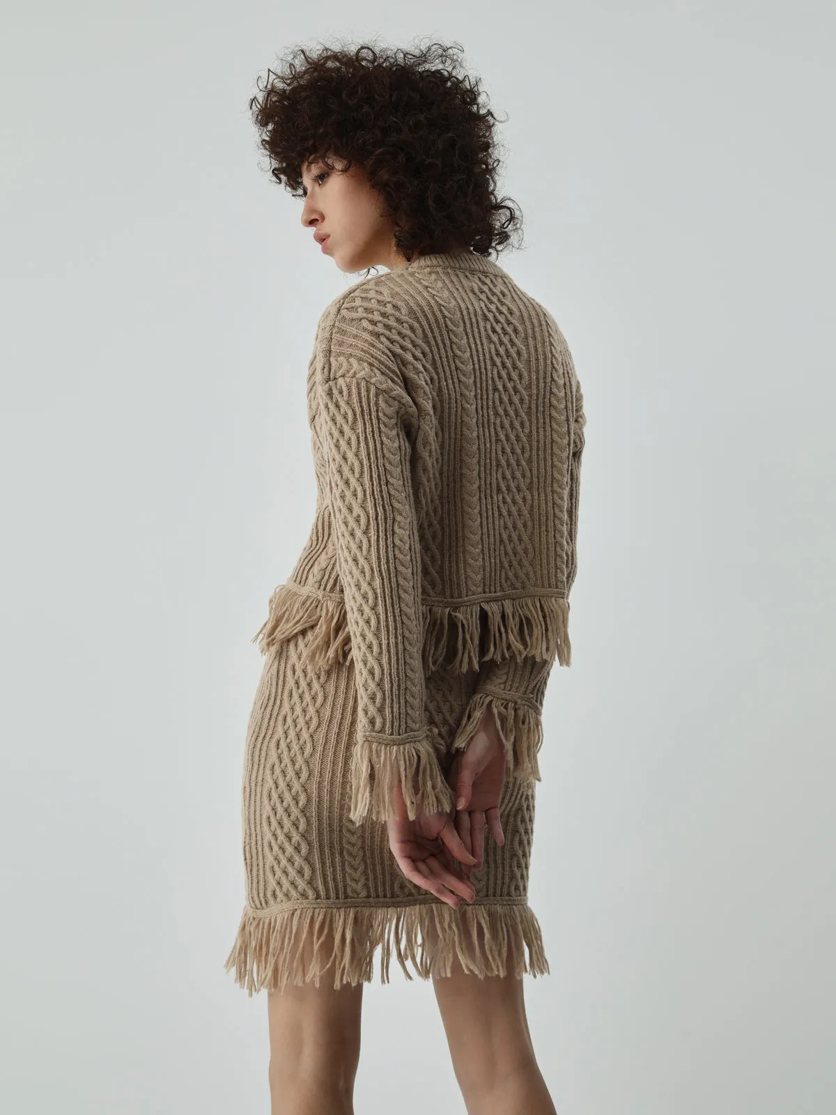 Tassel Hem Cable Knit Two Classic Piece Long Sleeve Skirt Set