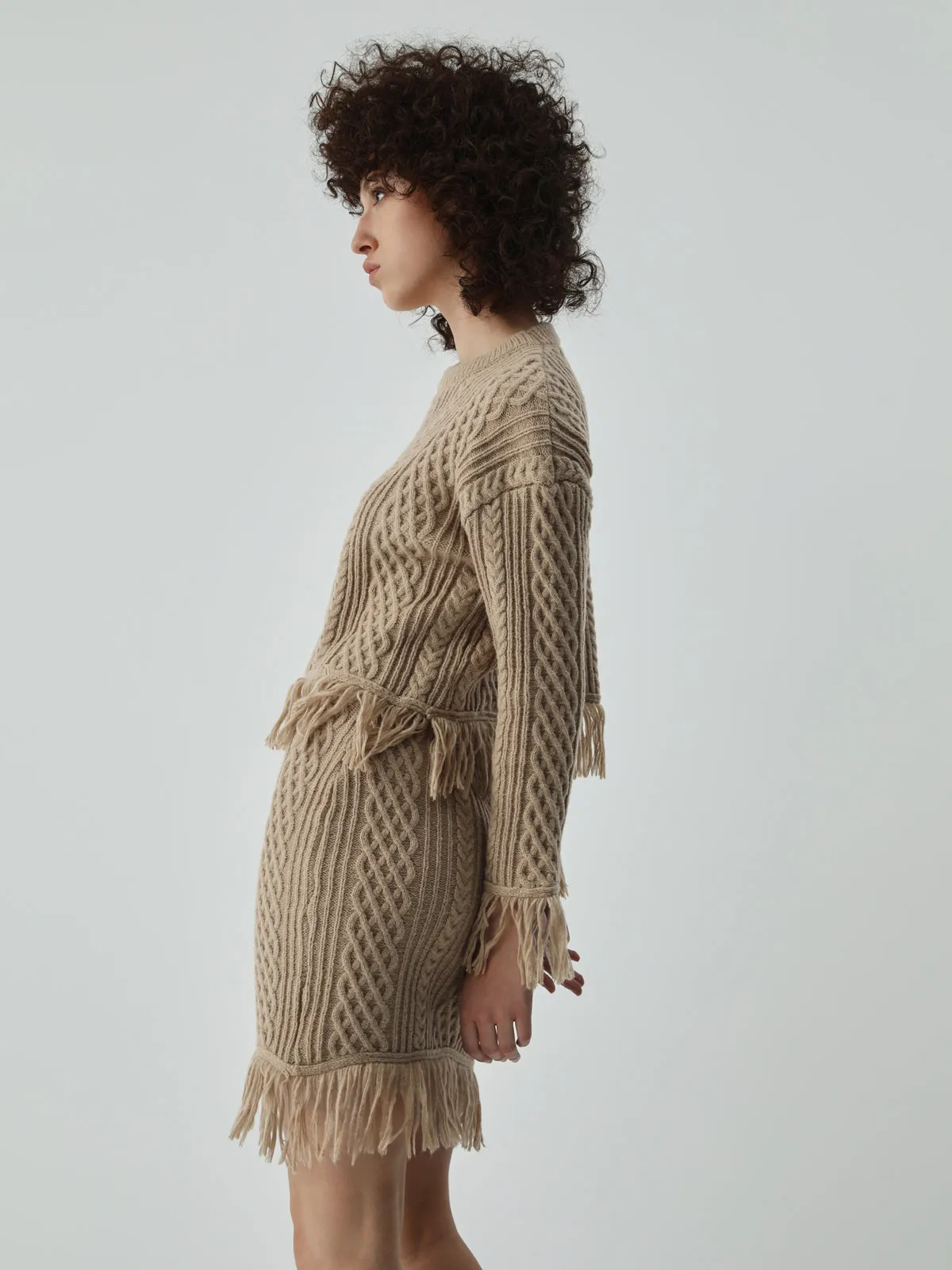 Tassel Hem Cable Knit Two Classic Piece Long Sleeve Skirt Set