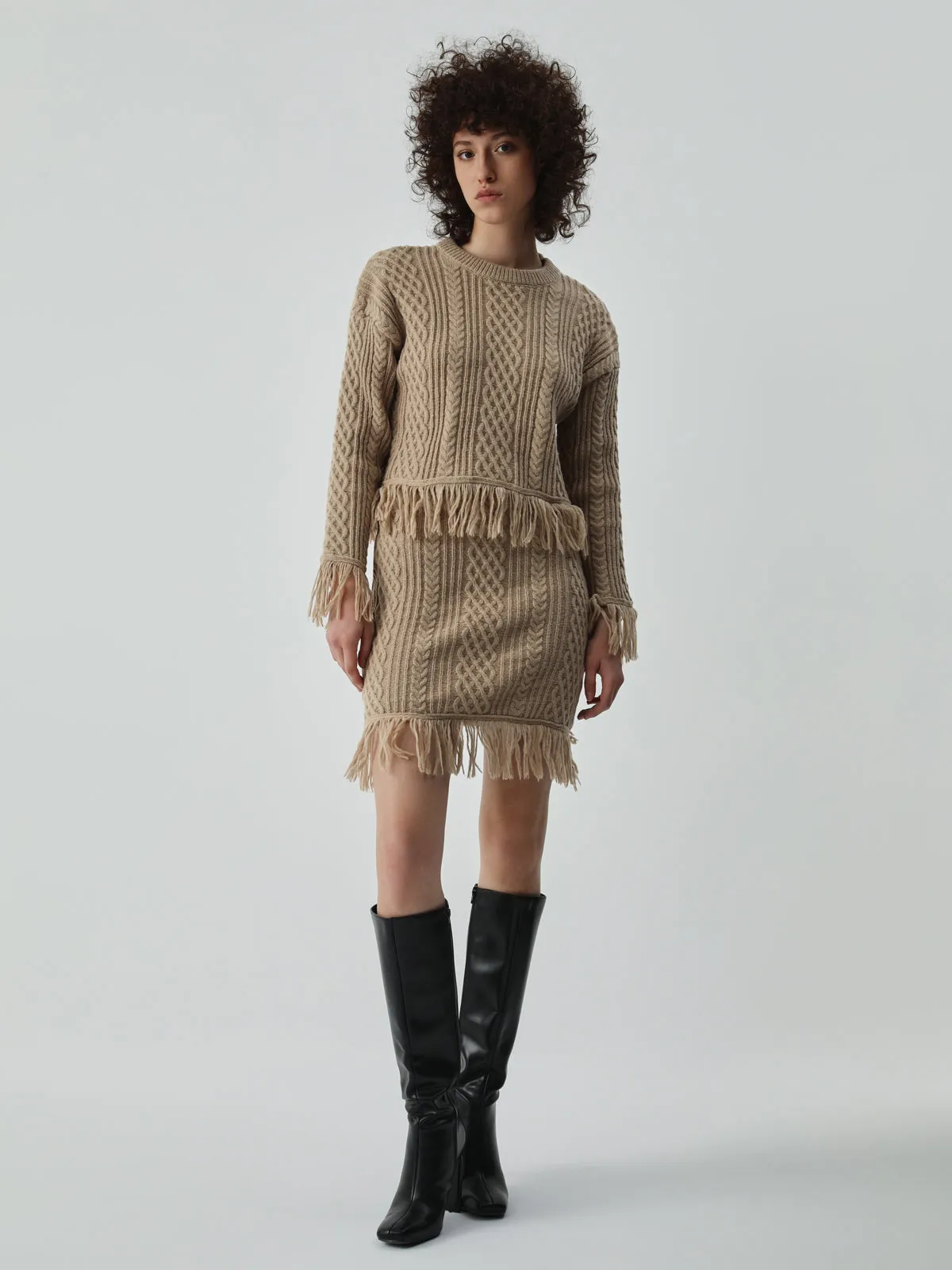Tassel Hem Cable Knit Two Classic Piece Long Sleeve Skirt Set