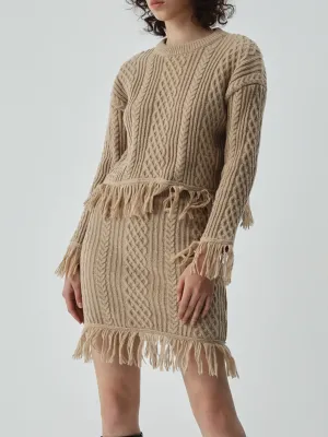Tassel Hem Cable Knit Two Classic Piece Long Sleeve Skirt Set