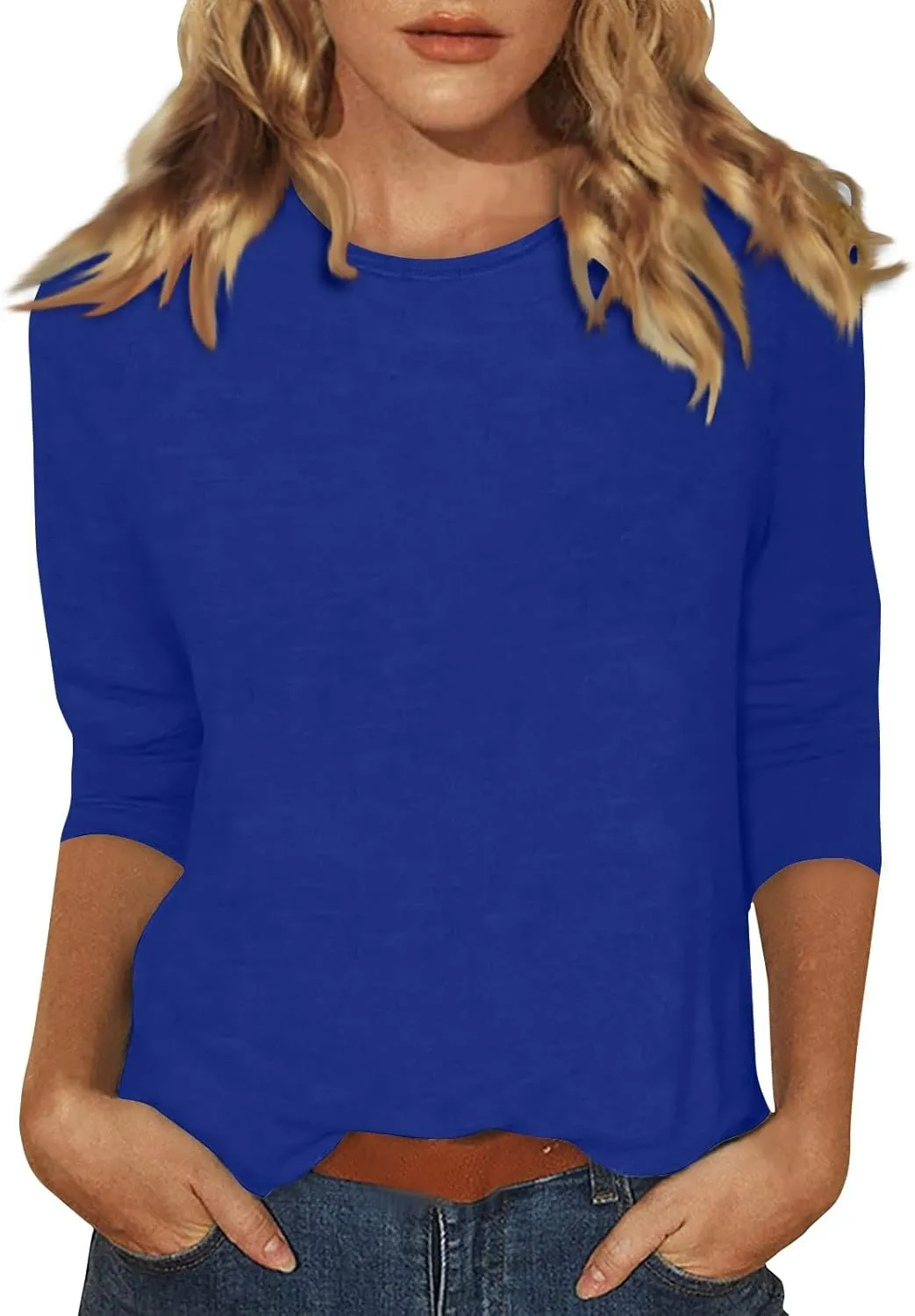 Tee Shirts Womens O-Neck 3/4 Sleeve Shirts Trendy Basic Blouses Casual Loose Fit Tunic Printed Cute Clothing