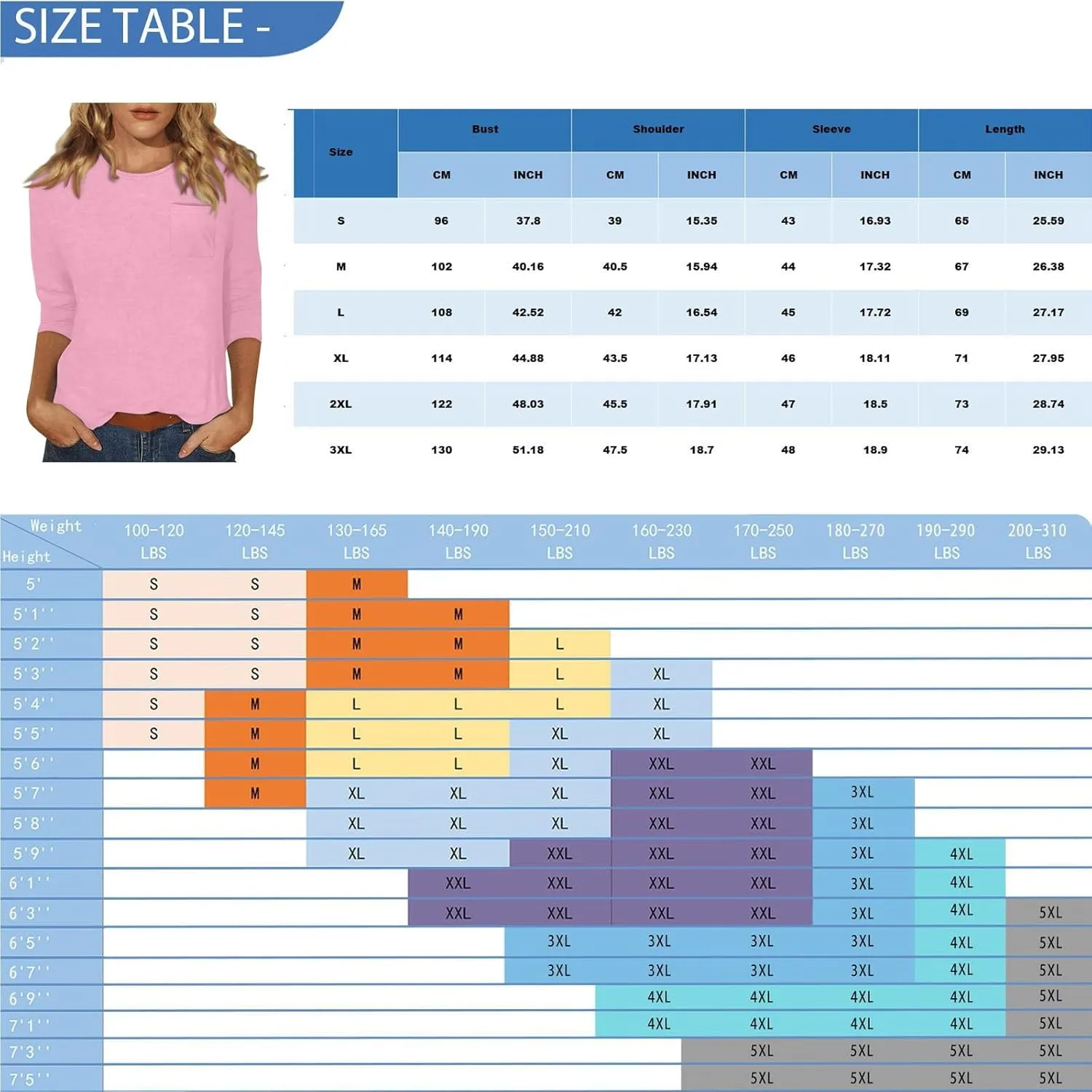 Tee Shirts Womens O-Neck 3/4 Sleeve Shirts Trendy Basic Blouses Casual Loose Fit Tunic Printed Cute Clothing