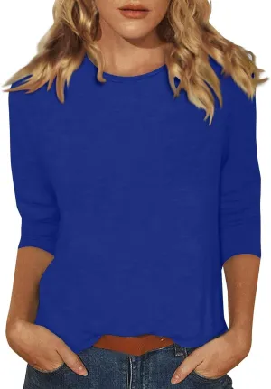 Tee Shirts Womens O-Neck 3/4 Sleeve Shirts Trendy Basic Blouses Casual Loose Fit Tunic Printed Cute Clothing