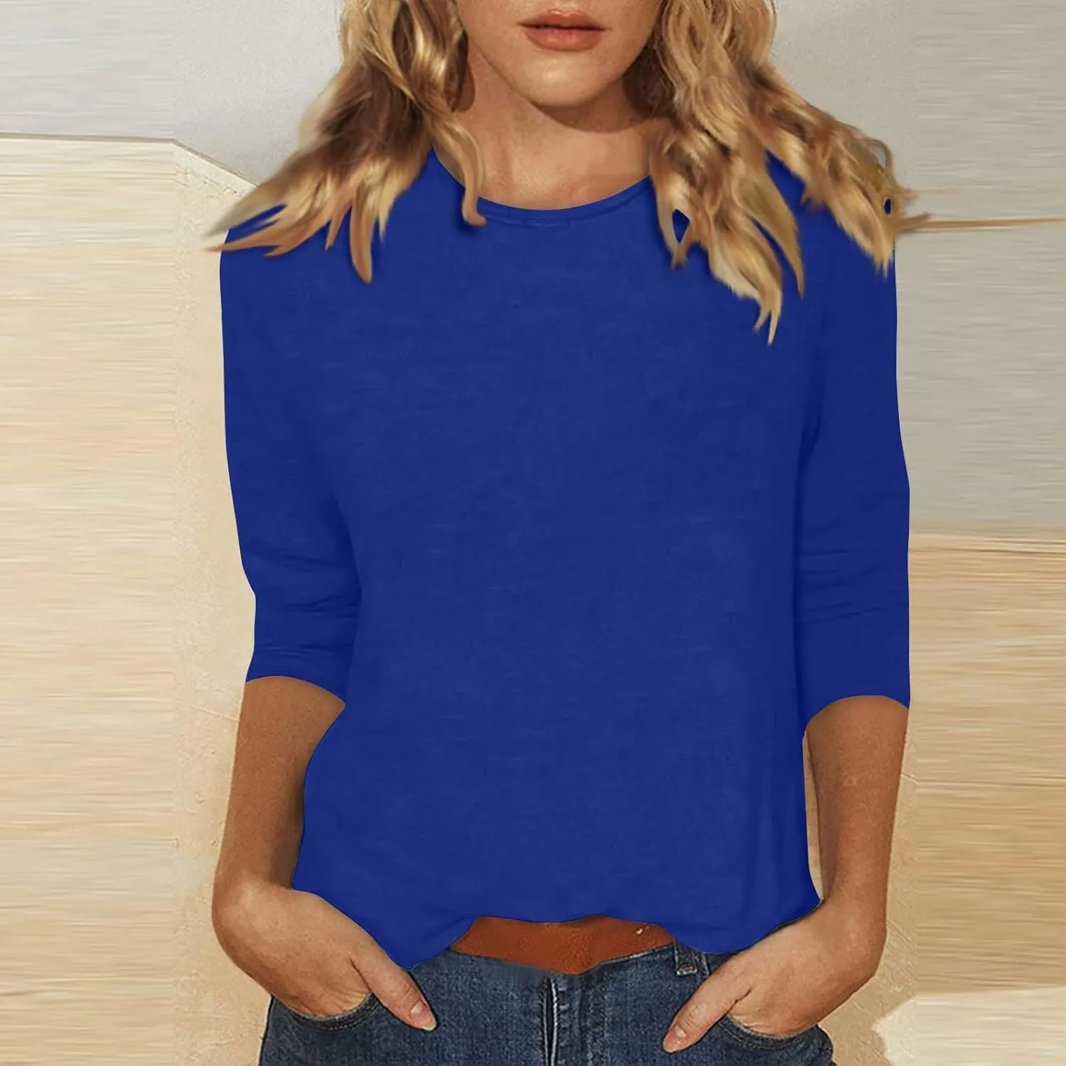 Tee Shirts Womens O-Neck 3/4 Sleeve Shirts Trendy Basic Blouses Casual Loose Fit Tunic Printed Cute Clothing