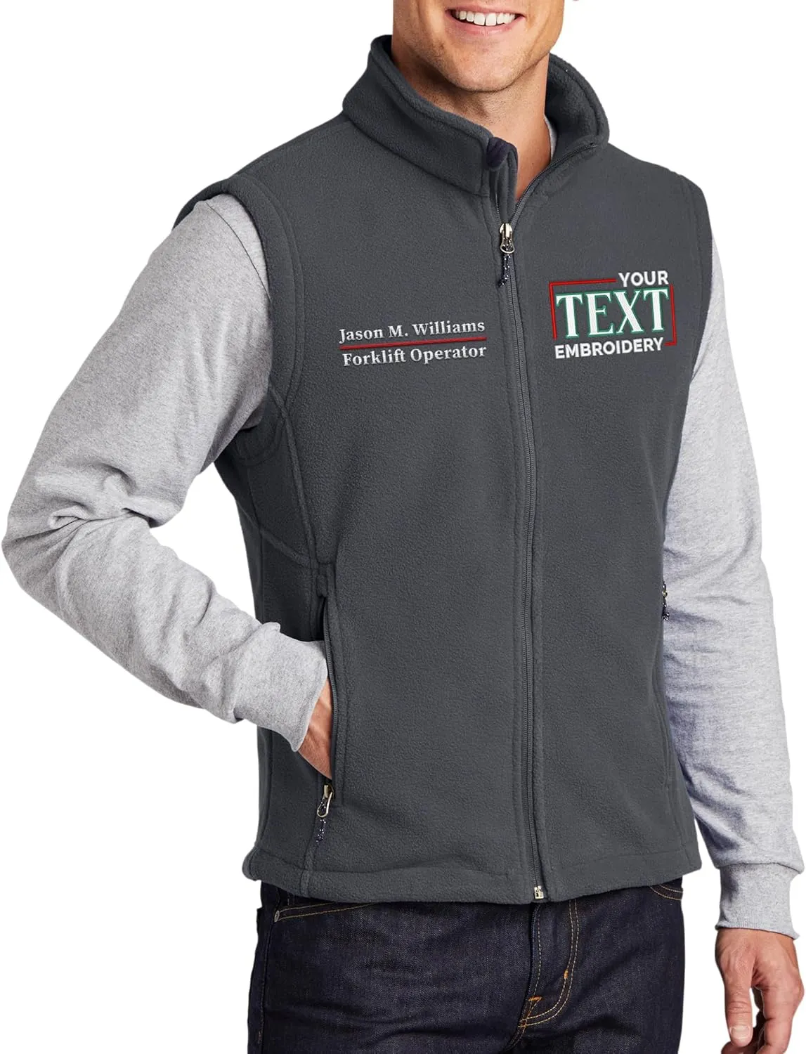 TEEAMORE Custom Embroidered Fleece Vest for Men Add Your Text Personalized Embroidery Zip Up Sleeveless Vest