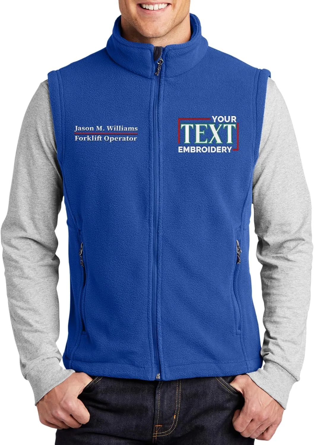TEEAMORE Custom Embroidered Fleece Vest for Men Add Your Text Personalized Embroidery Zip Up Sleeveless Vest