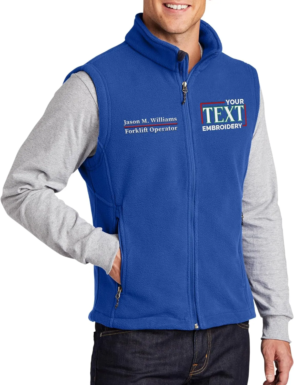 TEEAMORE Custom Embroidered Fleece Vest for Men Add Your Text Personalized Embroidery Zip Up Sleeveless Vest