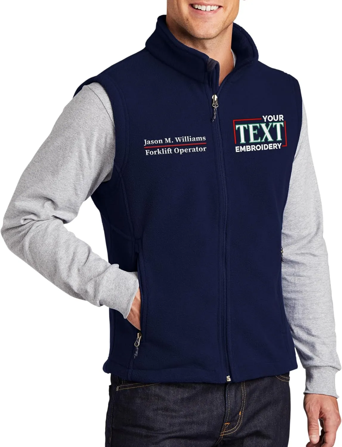 TEEAMORE Custom Embroidered Fleece Vest for Men Add Your Text Personalized Embroidery Zip Up Sleeveless Vest