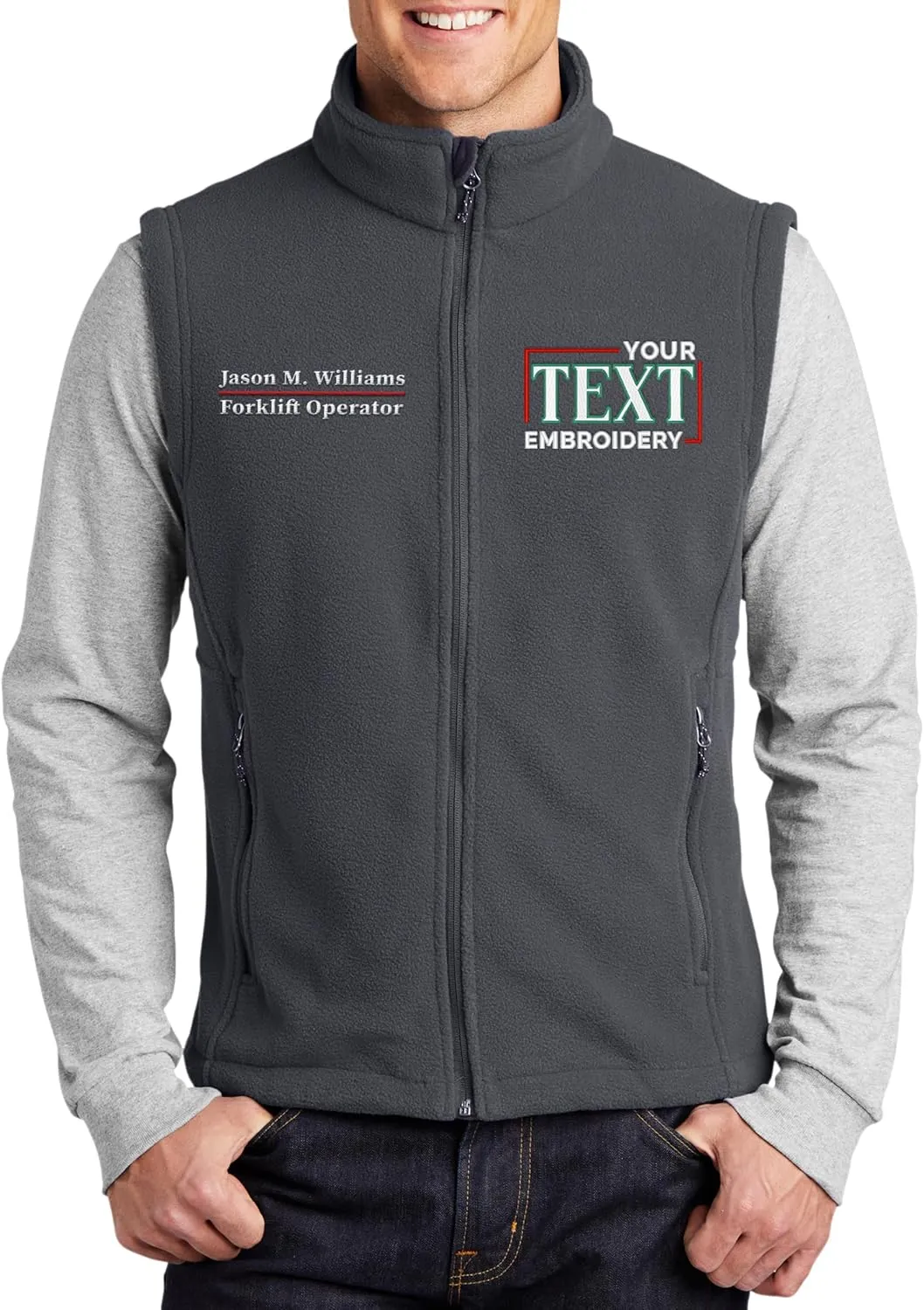 TEEAMORE Custom Embroidered Fleece Vest for Men Add Your Text Personalized Embroidery Zip Up Sleeveless Vest