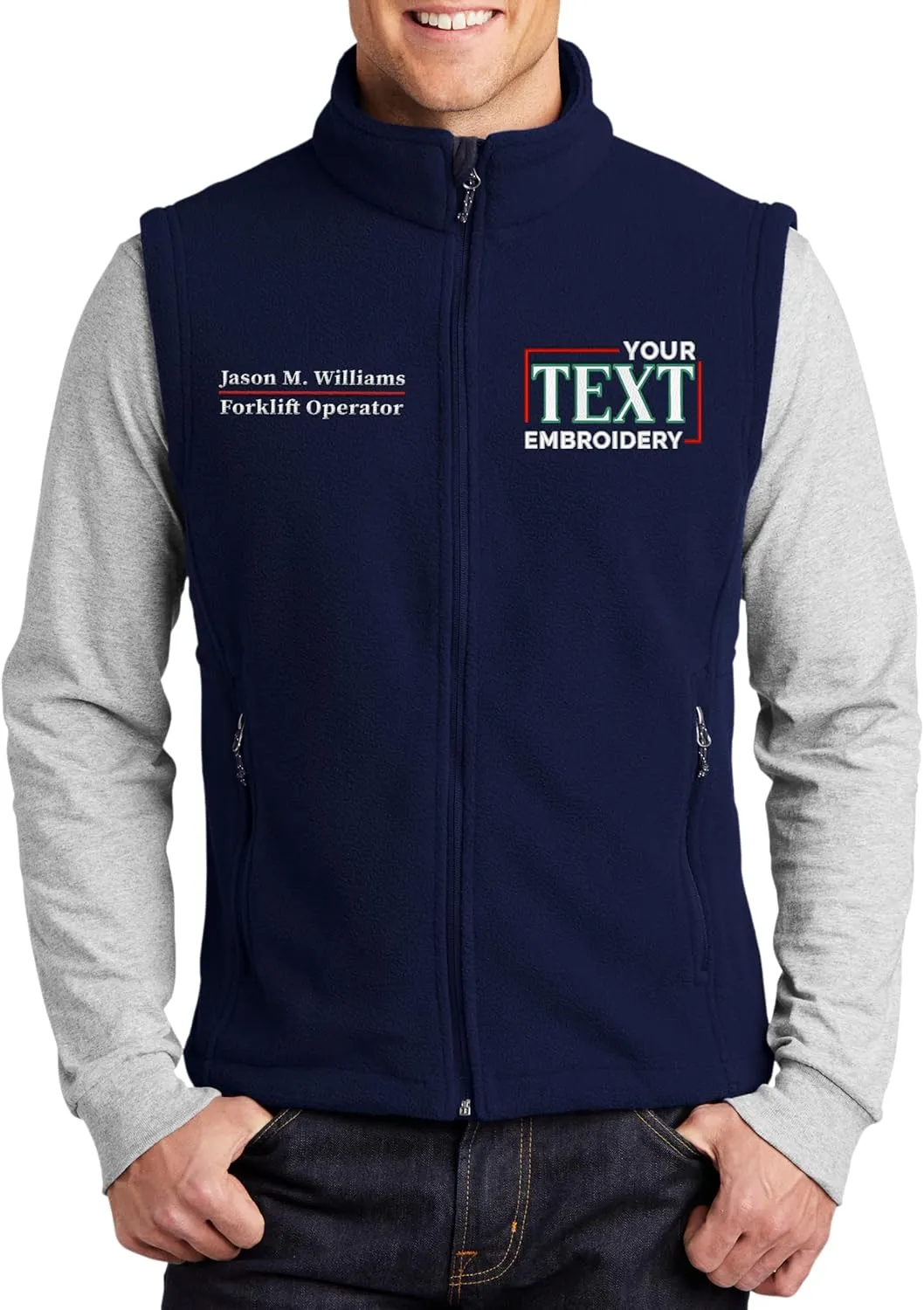 TEEAMORE Custom Embroidered Fleece Vest for Men Add Your Text Personalized Embroidery Zip Up Sleeveless Vest