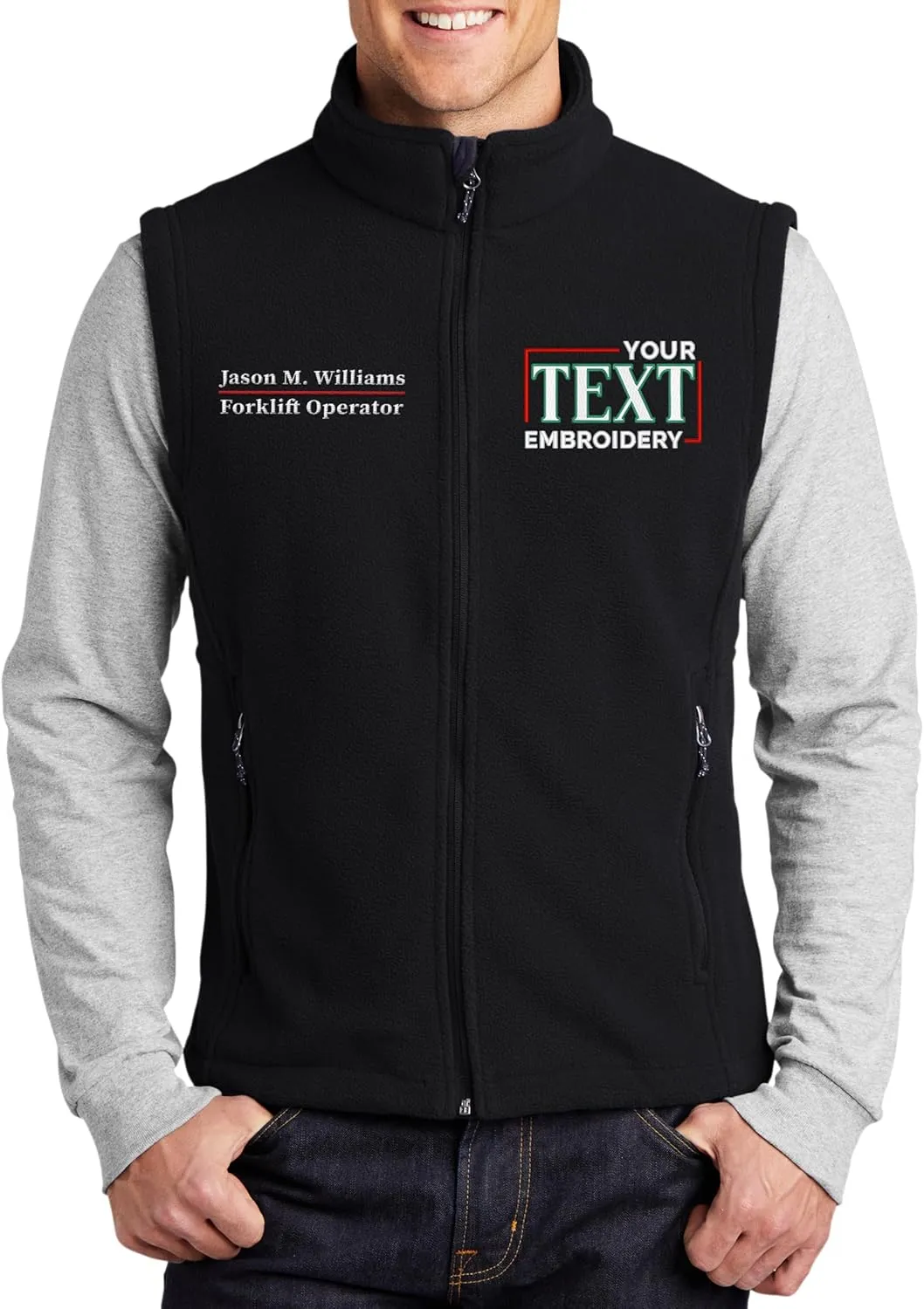TEEAMORE Custom Embroidered Fleece Vest for Men Add Your Text Personalized Embroidery Zip Up Sleeveless Vest