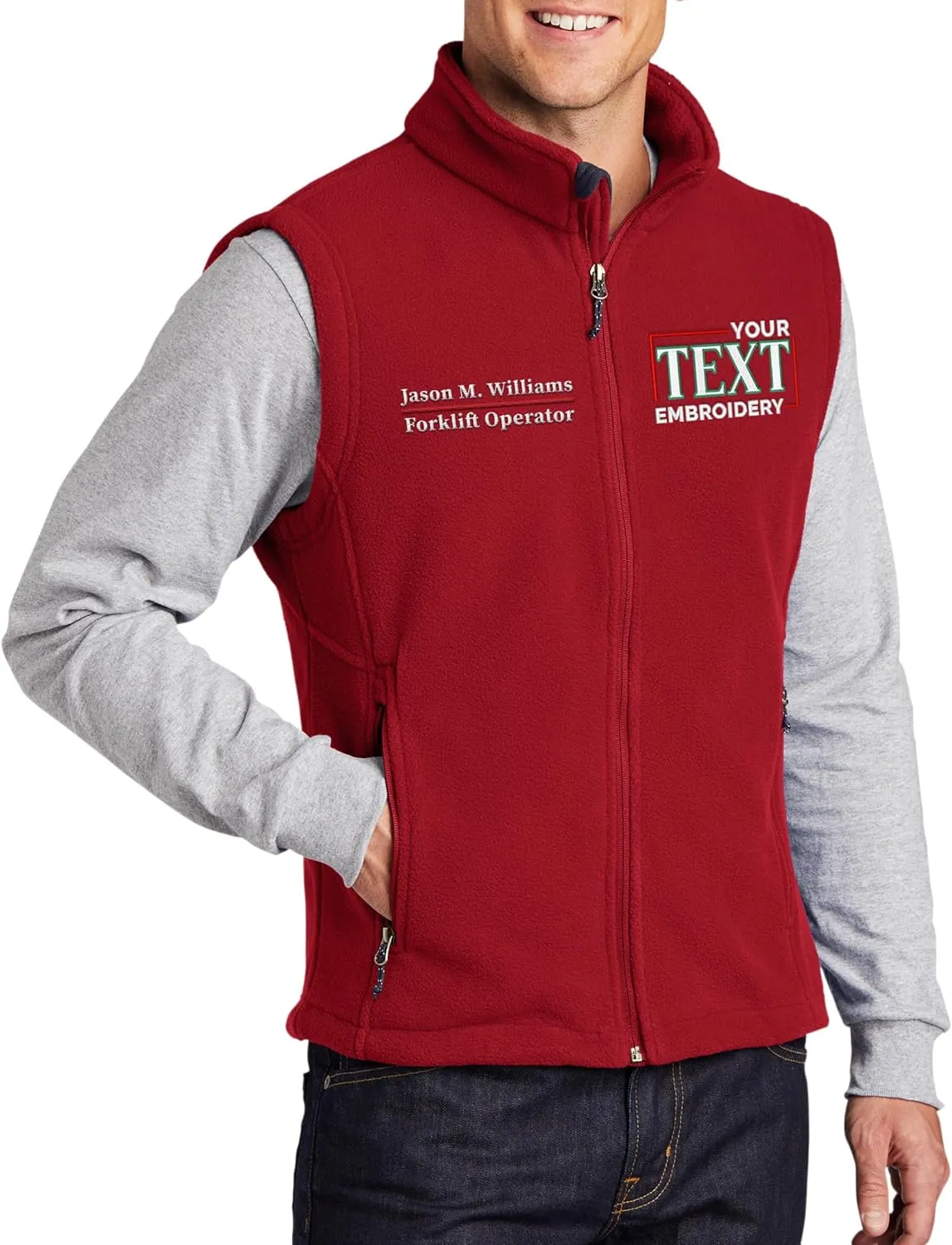 TEEAMORE Custom Embroidered Fleece Vest for Men Add Your Text Personalized Embroidery Zip Up Sleeveless Vest