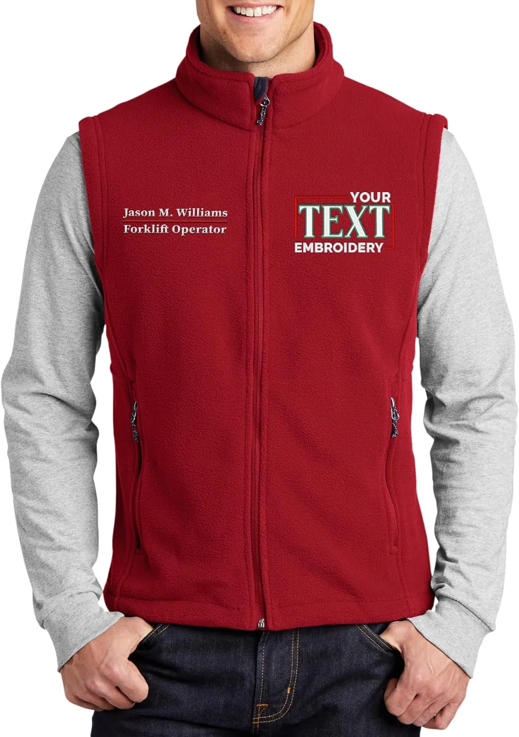 TEEAMORE Custom Embroidered Fleece Vest for Men Add Your Text Personalized Embroidery Zip Up Sleeveless Vest