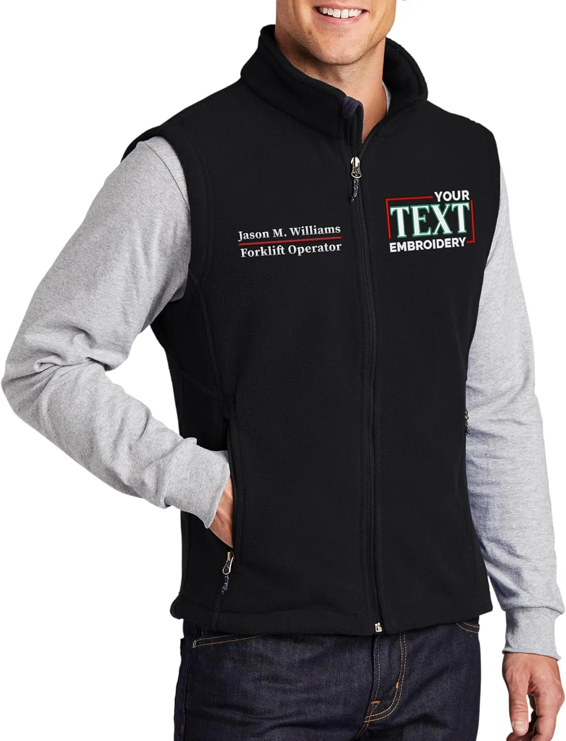 TEEAMORE Custom Embroidered Fleece Vest for Men Add Your Text Personalized Embroidery Zip Up Sleeveless Vest