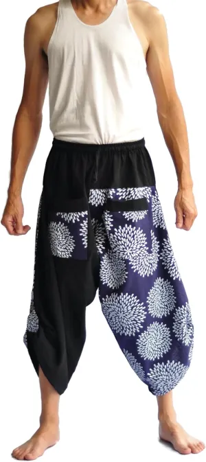 Thai Fish Pants Thai Hippie Pants Mens Harem Pants Aladdin Pants Boho Pants Mens Baggy Shorts happi Men's Japanese Style Pants One Size Black and Blue with Thai Art Firework Design