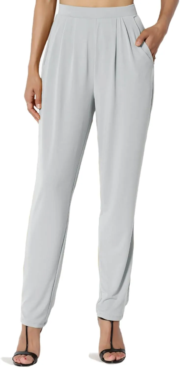 TheMogan Women's Chic Pleated Elastic High Waist Pants Lightweight Relaxed Fit Comfort Trousers