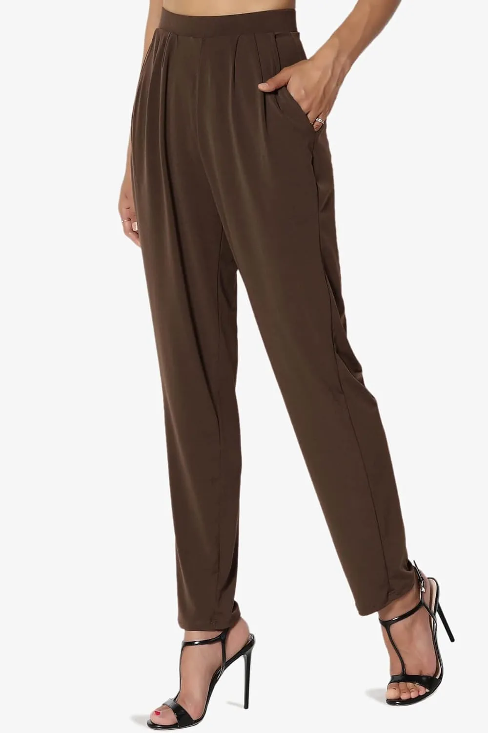 TheMogan Women's Chic Pleated Elastic High Waist Pants Lightweight Relaxed Fit Comfort Trousers