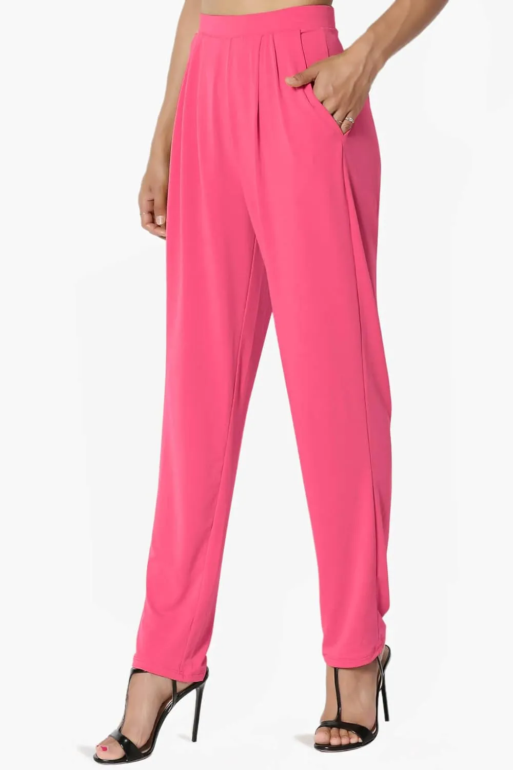 TheMogan Women's Chic Pleated Elastic High Waist Pants Lightweight Relaxed Fit Comfort Trousers
