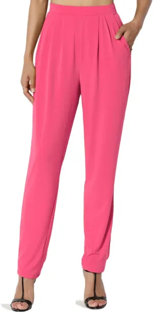 TheMogan Women's Chic Pleated Elastic High Waist Pants Lightweight Relaxed Fit Comfort Trousers