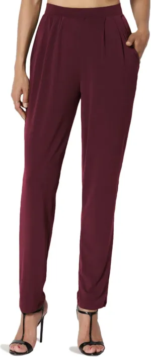 TheMogan Women's Chic Pleated Elastic High Waist Pants Lightweight Relaxed Fit Comfort Trousers