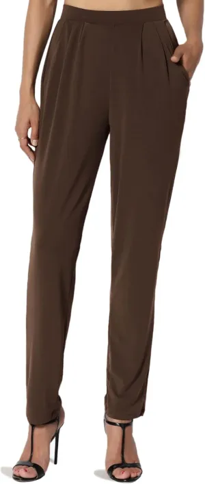 TheMogan Women's Chic Pleated Elastic High Waist Pants Lightweight Relaxed Fit Comfort Trousers