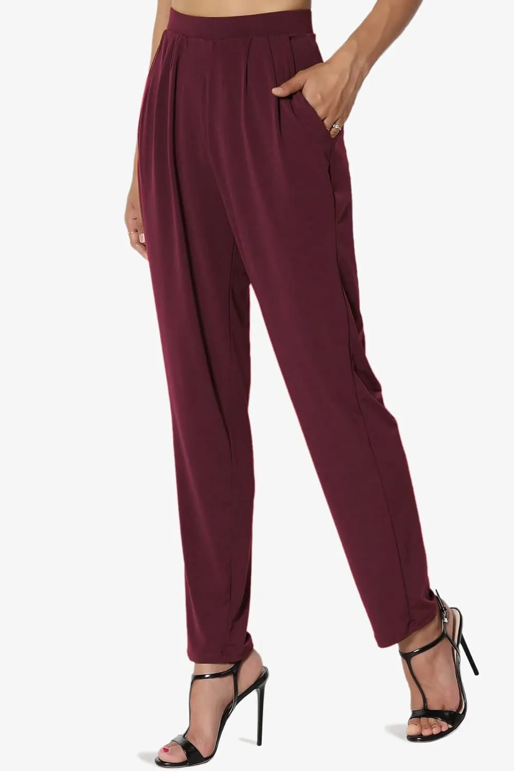 TheMogan Women's Chic Pleated Elastic High Waist Pants Lightweight Relaxed Fit Comfort Trousers