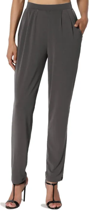 TheMogan Women's Chic Pleated Elastic High Waist Pants Lightweight Relaxed Fit Comfort Trousers