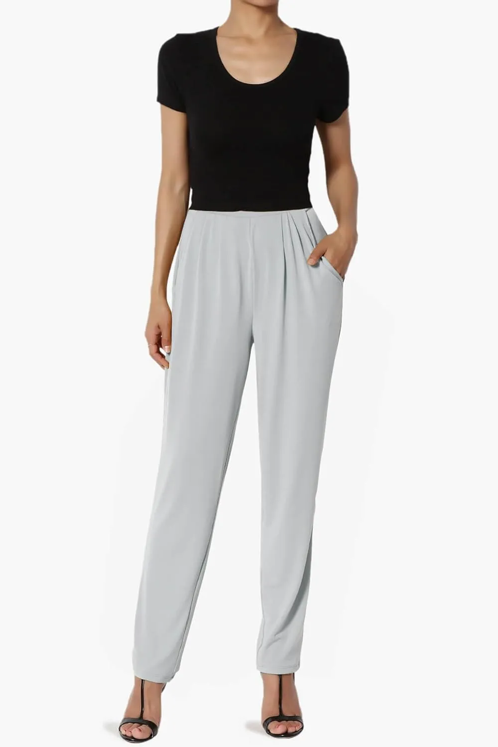 TheMogan Women's Chic Pleated Elastic High Waist Pants Lightweight Relaxed Fit Comfort Trousers