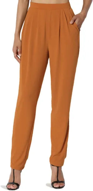 TheMogan Women's Chic Pleated Elastic High Waist Pants Lightweight Relaxed Fit Comfort Trousers