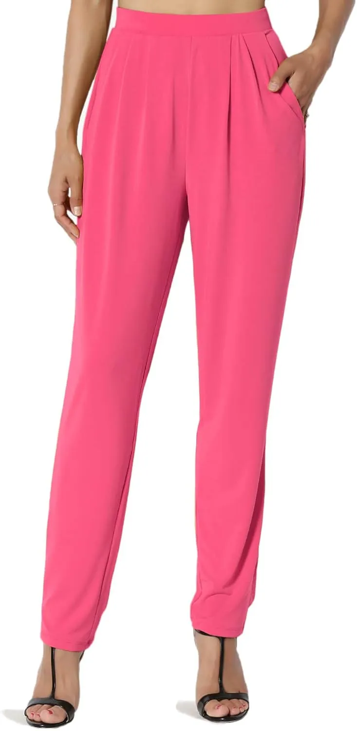 TheMogan Women's Chic Pleated Elastic High Waist Pants Lightweight Relaxed Fit Comfort Trousers