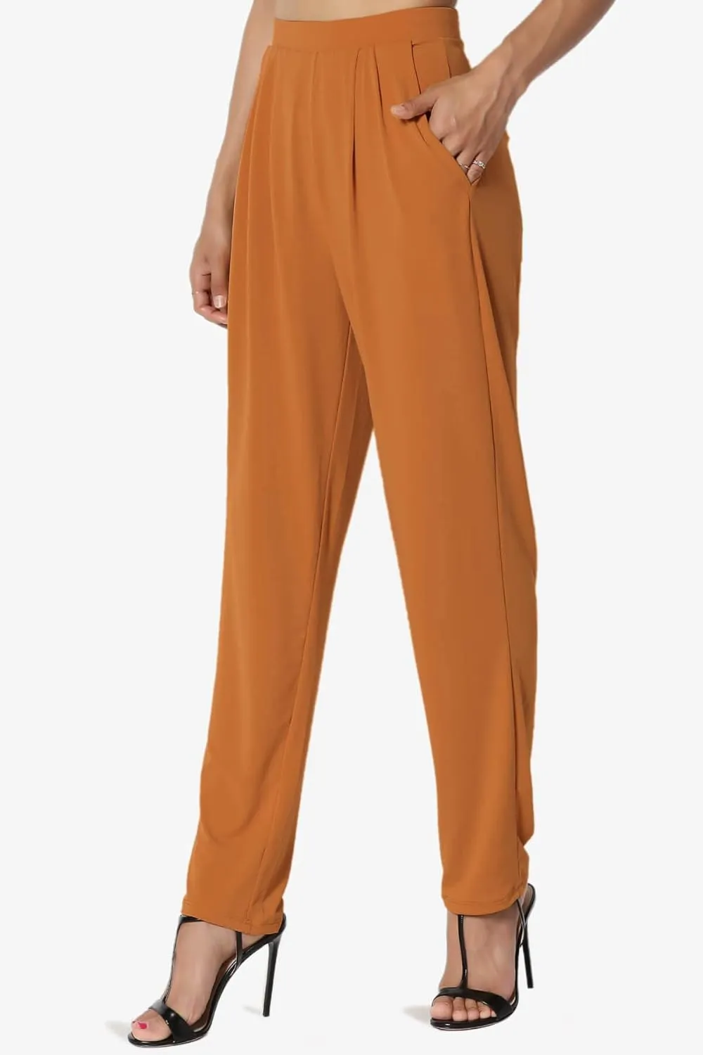 TheMogan Women's Chic Pleated Elastic High Waist Pants Lightweight Relaxed Fit Comfort Trousers