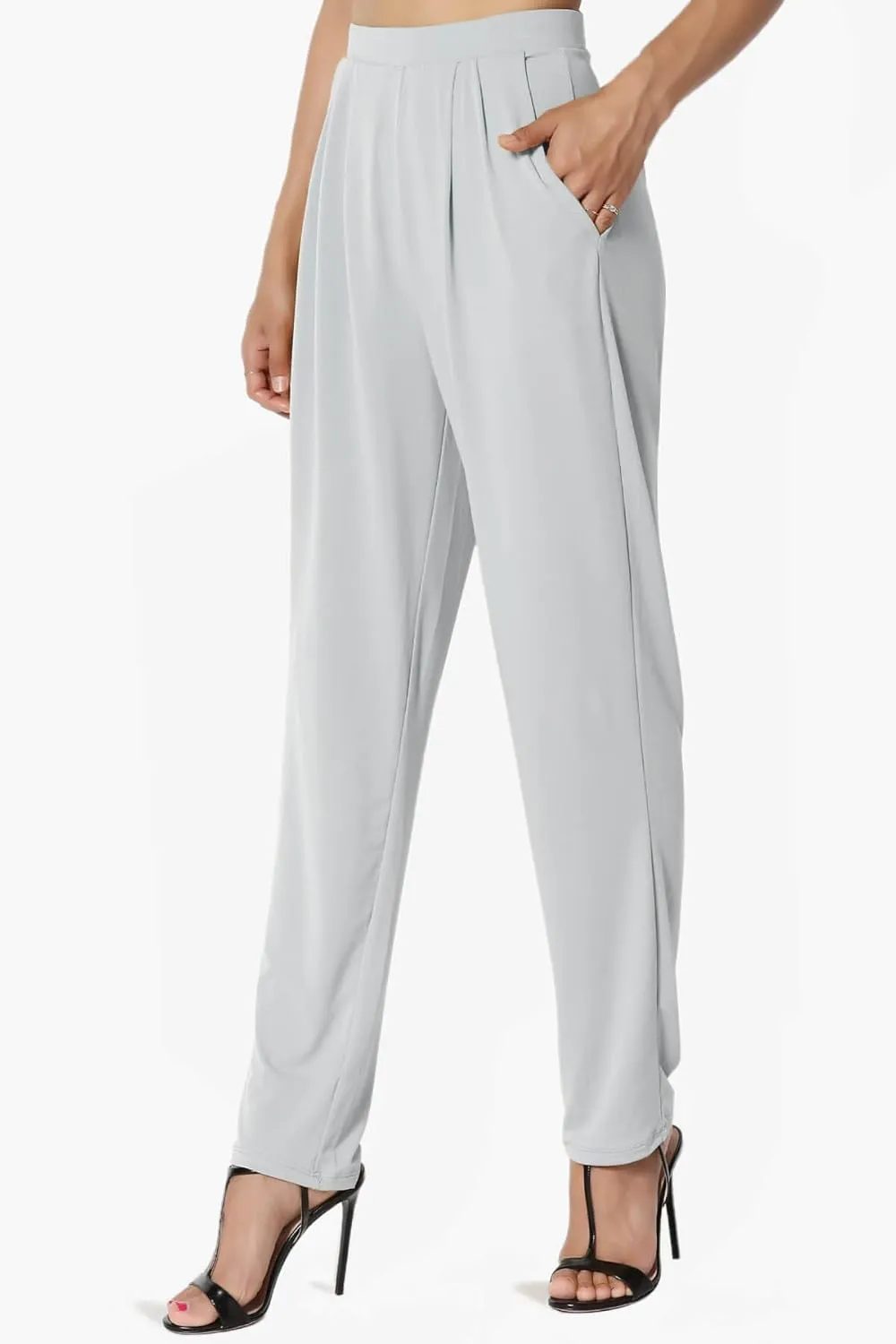 TheMogan Women's Chic Pleated Elastic High Waist Pants Lightweight Relaxed Fit Comfort Trousers