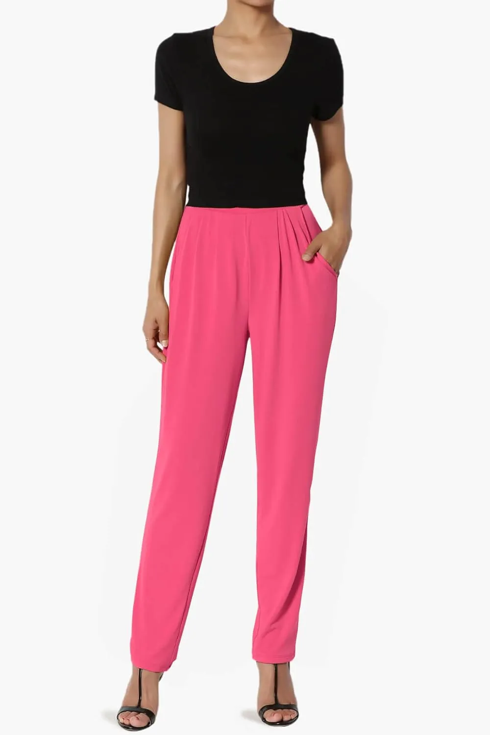 TheMogan Women's Chic Pleated Elastic High Waist Pants Lightweight Relaxed Fit Comfort Trousers
