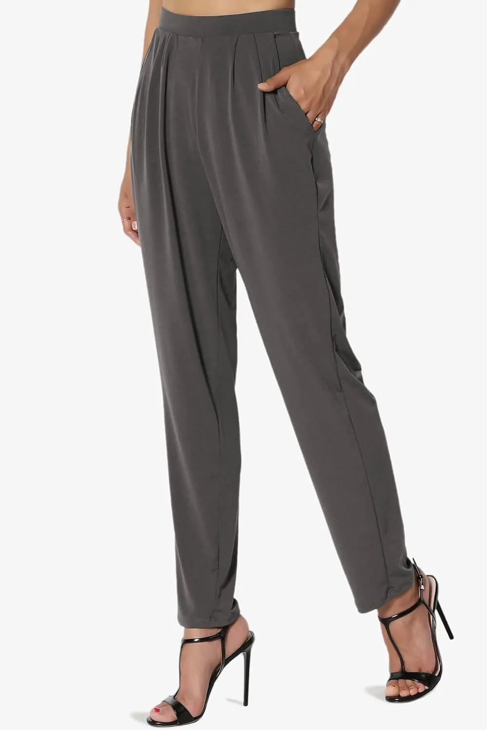TheMogan Women's Chic Pleated Elastic High Waist Pants Lightweight Relaxed Fit Comfort Trousers