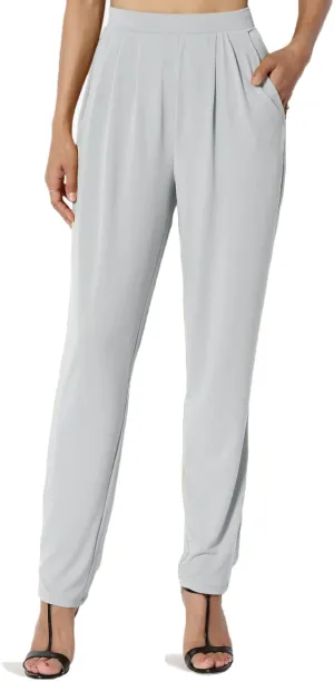 TheMogan Women's Chic Pleated Elastic High Waist Pants Lightweight Relaxed Fit Comfort Trousers