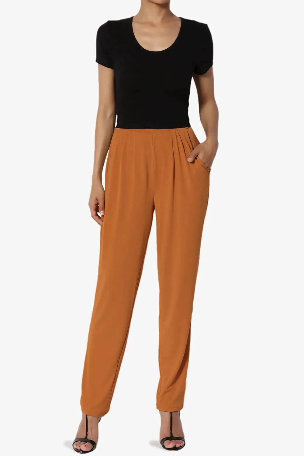 TheMogan Women's Chic Pleated Elastic High Waist Pants Lightweight Relaxed Fit Comfort Trousers