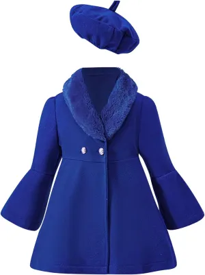 Toddler Kids Girls Trench Jacket Long Sleeve Furry Collar Warm Peacoat with Beret Hat Set for Casual Wear Coat