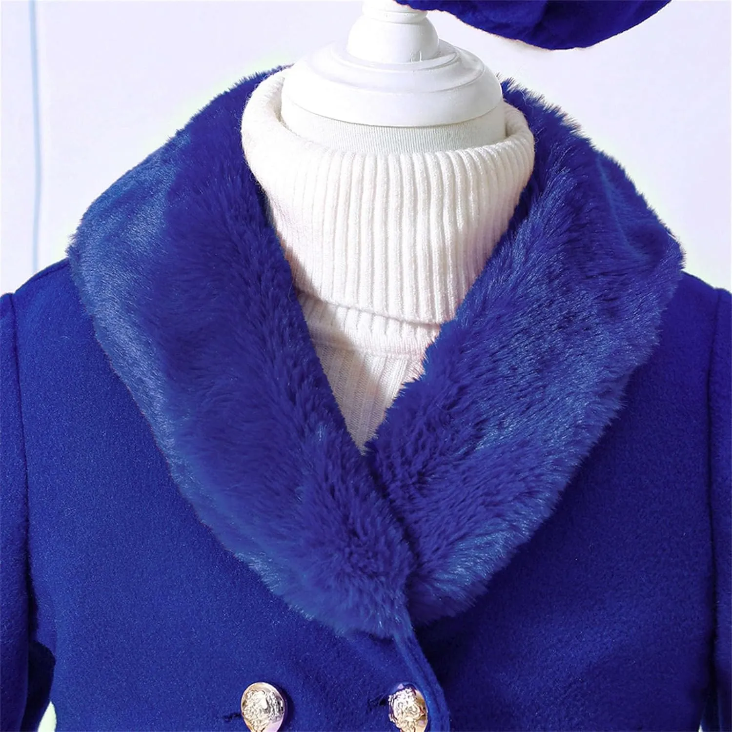Toddler Kids Girls Trench Jacket Long Sleeve Furry Collar Warm Peacoat with Beret Hat Set for Casual Wear Coat