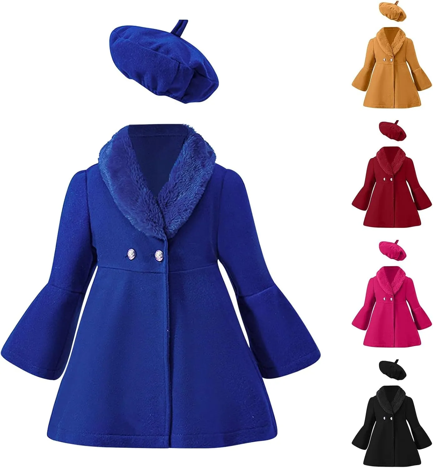 Toddler Kids Girls Trench Jacket Long Sleeve Furry Collar Warm Peacoat with Beret Hat Set for Casual Wear Coat