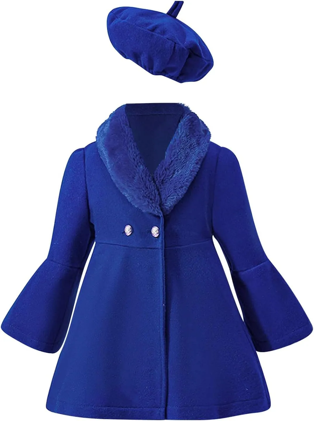 Toddler Kids Girls Trench Jacket Long Sleeve Furry Collar Warm Peacoat with Beret Hat Set for Casual Wear Coat