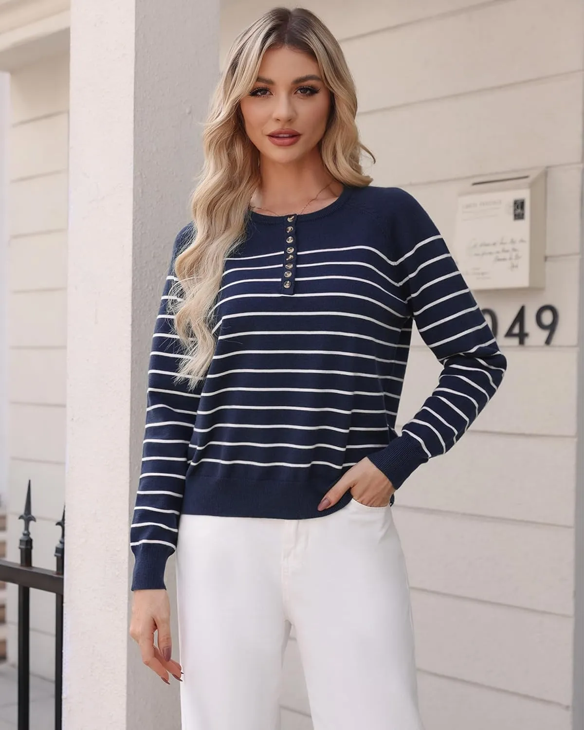 Totatuit Women's Striped Pullover Sweaters 2024 Long Sleeve Casual Button Down Sweaters Crewneck Knit Tops