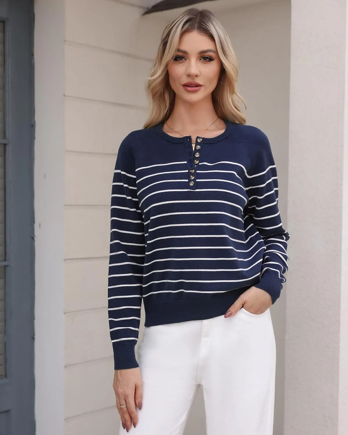 Totatuit Women's Striped Pullover Sweaters 2024 Long Sleeve Casual Button Down Sweaters Crewneck Knit Tops