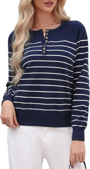 Totatuit Women's Striped Pullover Sweaters 2024 Long Sleeve Casual Button Down Sweaters Crewneck Knit Tops