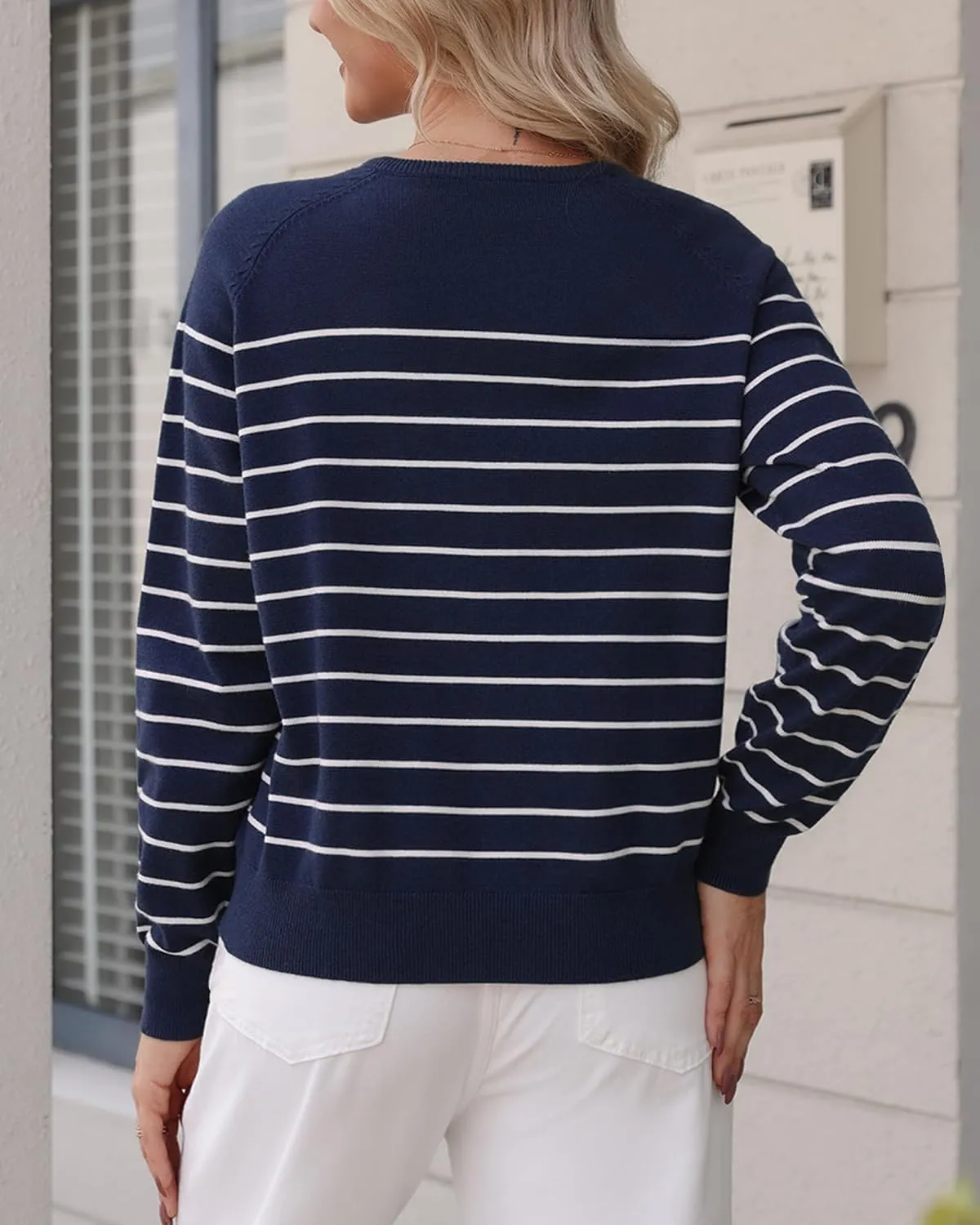 Totatuit Women's Striped Pullover Sweaters 2024 Long Sleeve Casual Button Down Sweaters Crewneck Knit Tops