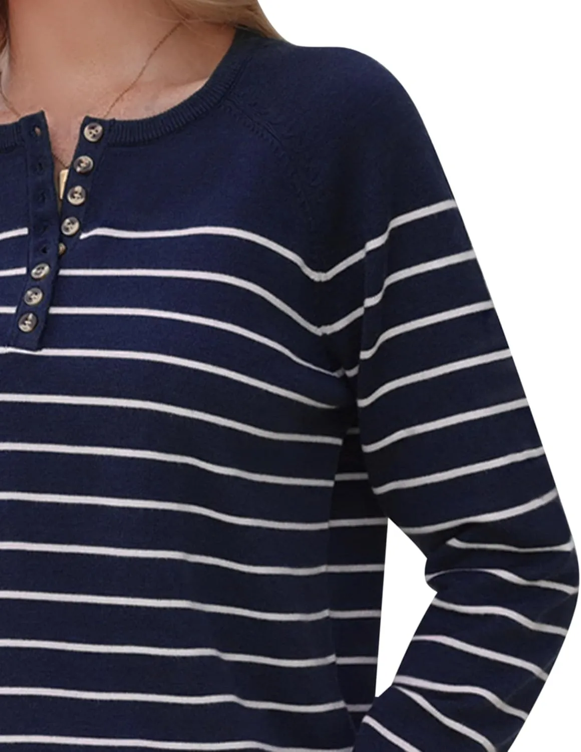 Totatuit Women's Striped Pullover Sweaters 2024 Long Sleeve Casual Button Down Sweaters Crewneck Knit Tops