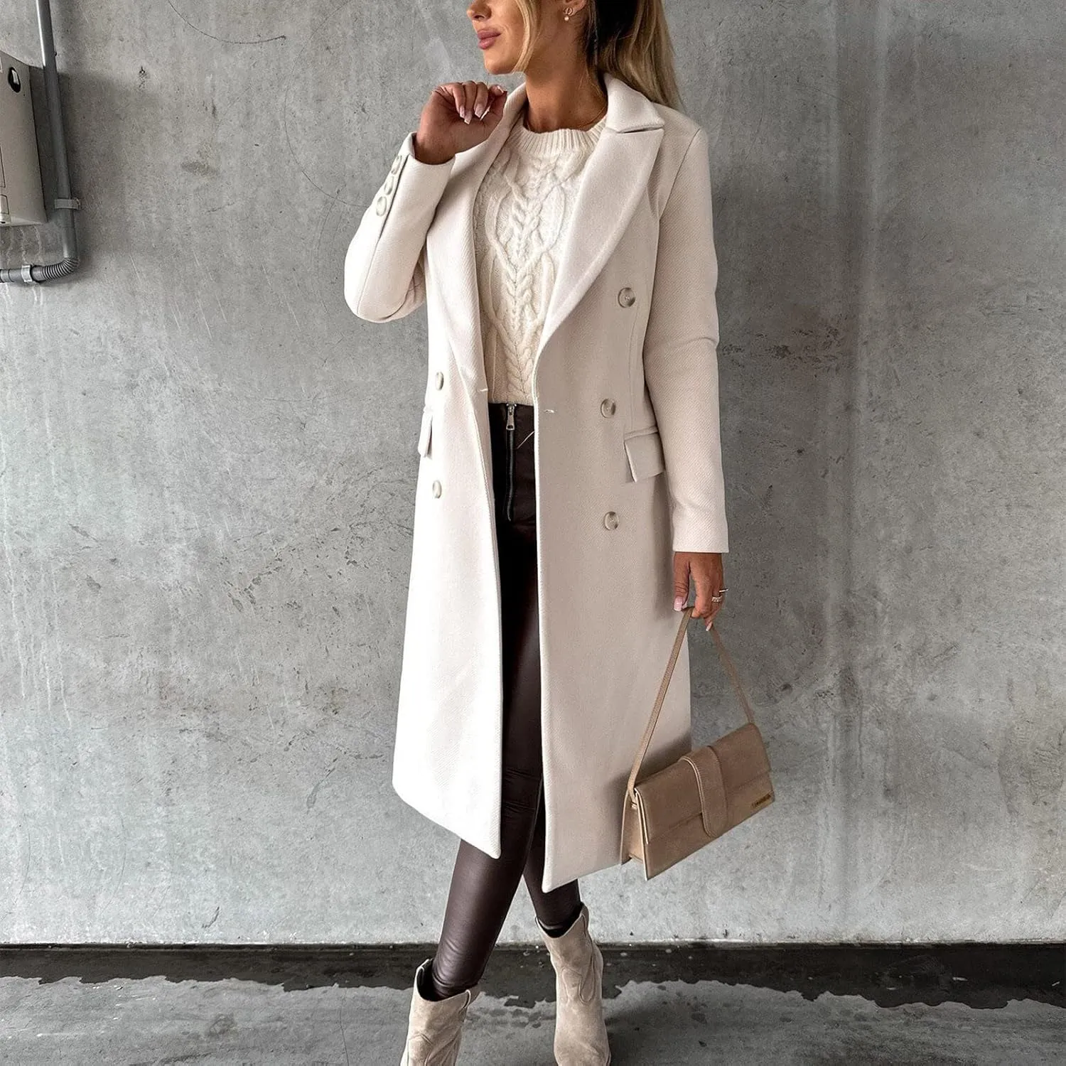 Trench Coat Women Winter Warm Wool Blend Camel Peacoat Elegant Notched Collar Double Breasted Over Coat Outwear