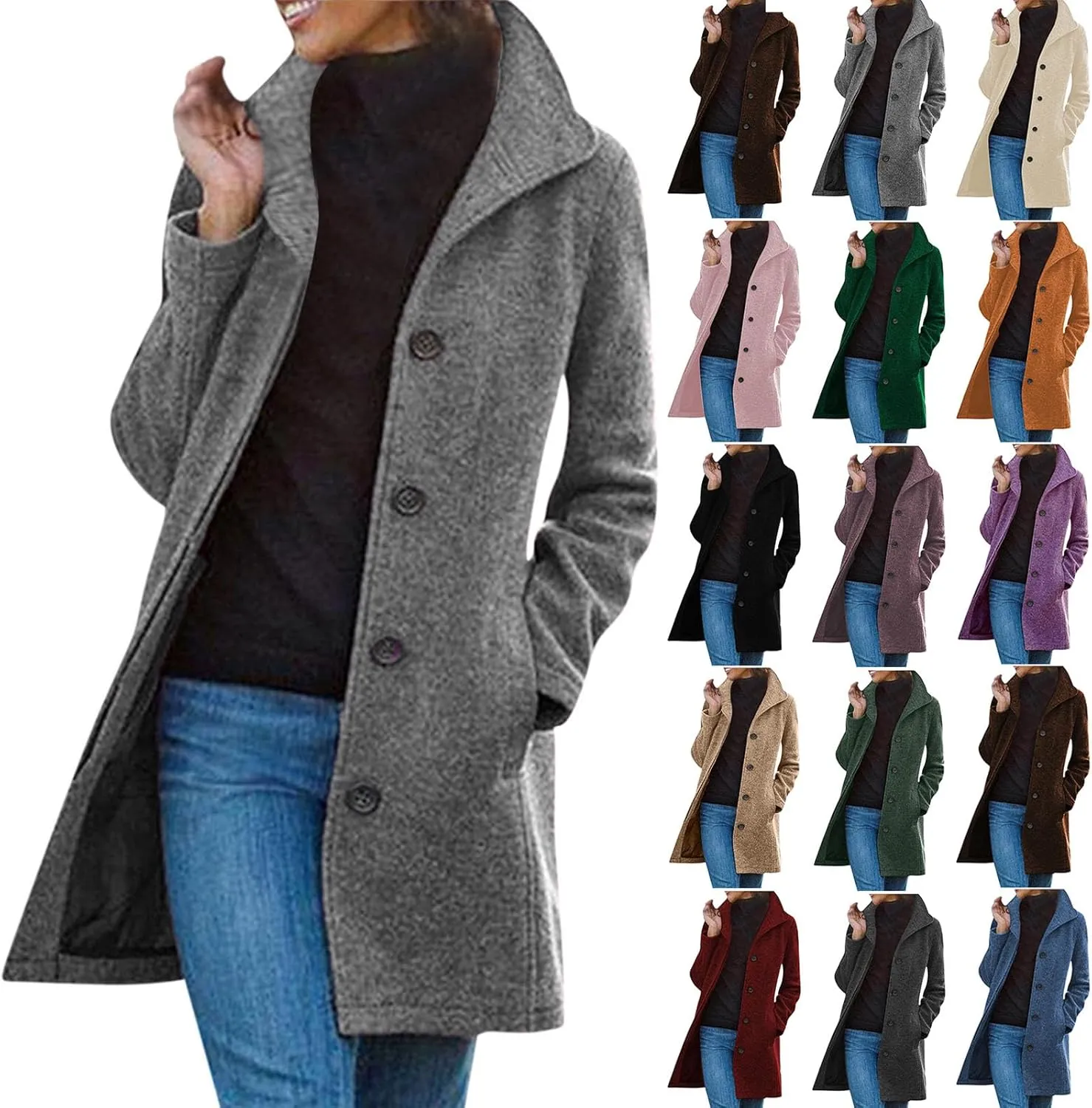 Trench Coat Women Winter Wool Pea Coat Stand Collar Single Breasted Jacket Casual Thicken Overcoat with Pockets