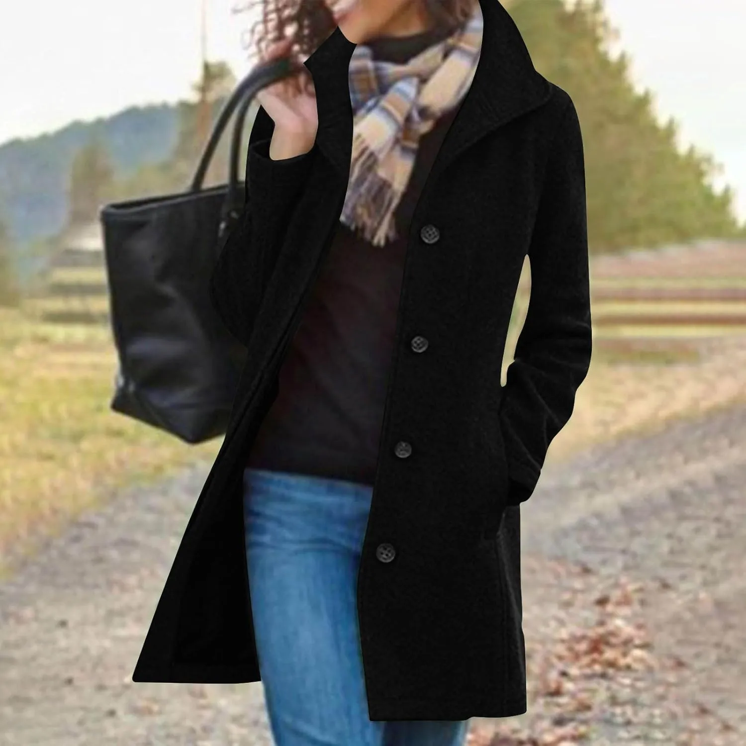 Trench Coat Women Winter Wool Pea Coat Stand Collar Single Breasted Jacket Casual Thicken Overcoat with Pockets