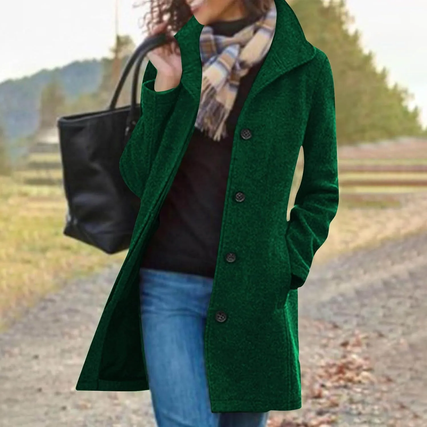 Trench Coat Women Winter Wool Pea Coat Stand Collar Single Breasted Jacket Casual Thicken Overcoat with Pockets