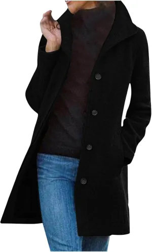 Trench Coat Women Winter Wool Pea Coat Stand Collar Single Breasted Jacket Casual Thicken Overcoat with Pockets